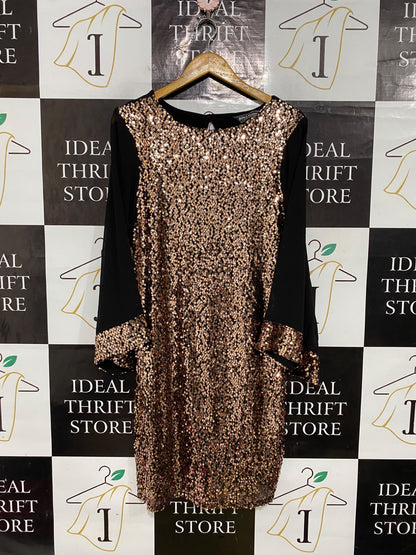 BILLIE & BLOSSOM |L| BUST 20| A57| ROSE GOLD SEQUIN AND BLACK LONG-SLEEVE TECHNICAL UTILITY DRESS