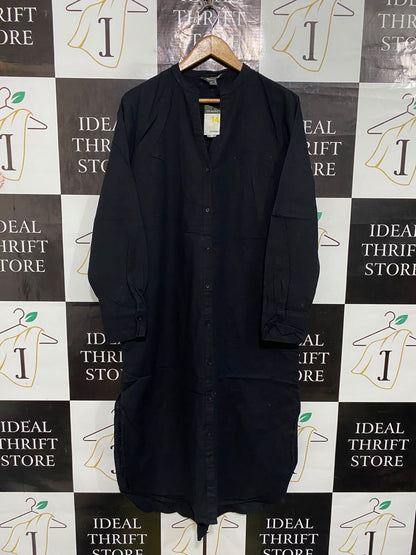 PRIMARK |L| BUST 22| A57| BLACK MANDARIN-COLLAR BUTTON-FRONT TECHNICAL UTILITY MIDI DRESS