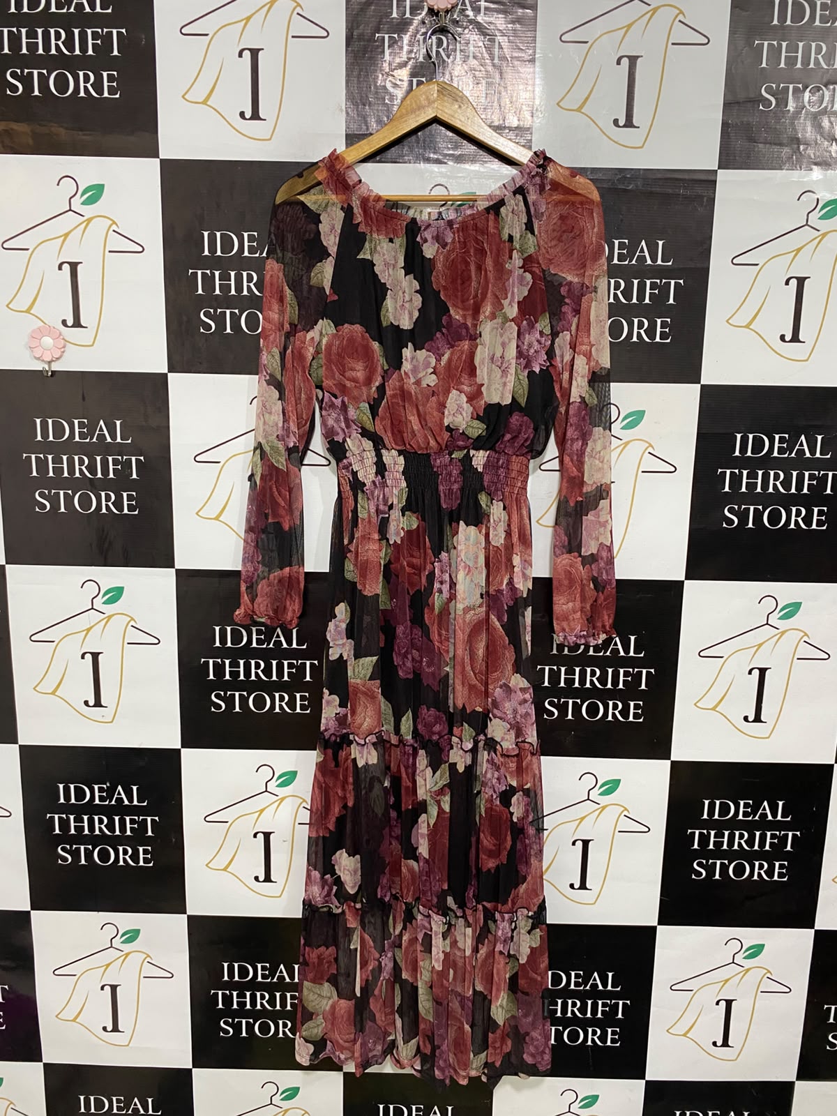 KATE AND LILY |M| BUST 18| A57| BLACK AND BURGUNDY FLORAL MESH TECHNICAL UTILITY MAXI DRESS