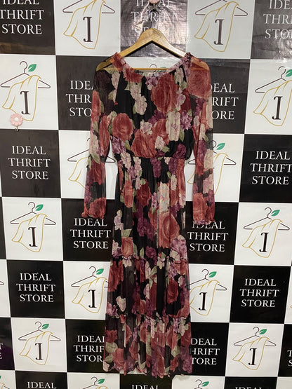 KATE AND LILY |M| BUST 18| A57| BLACK AND BURGUNDY FLORAL MESH TECHNICAL UTILITY MAXI DRESS