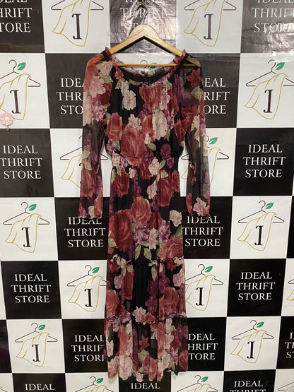 KATE AND LILY |M| BUST 18| A57| BLACK AND BURGUNDY FLORAL MESH TECHNICAL UTILITY MAXI DRESS