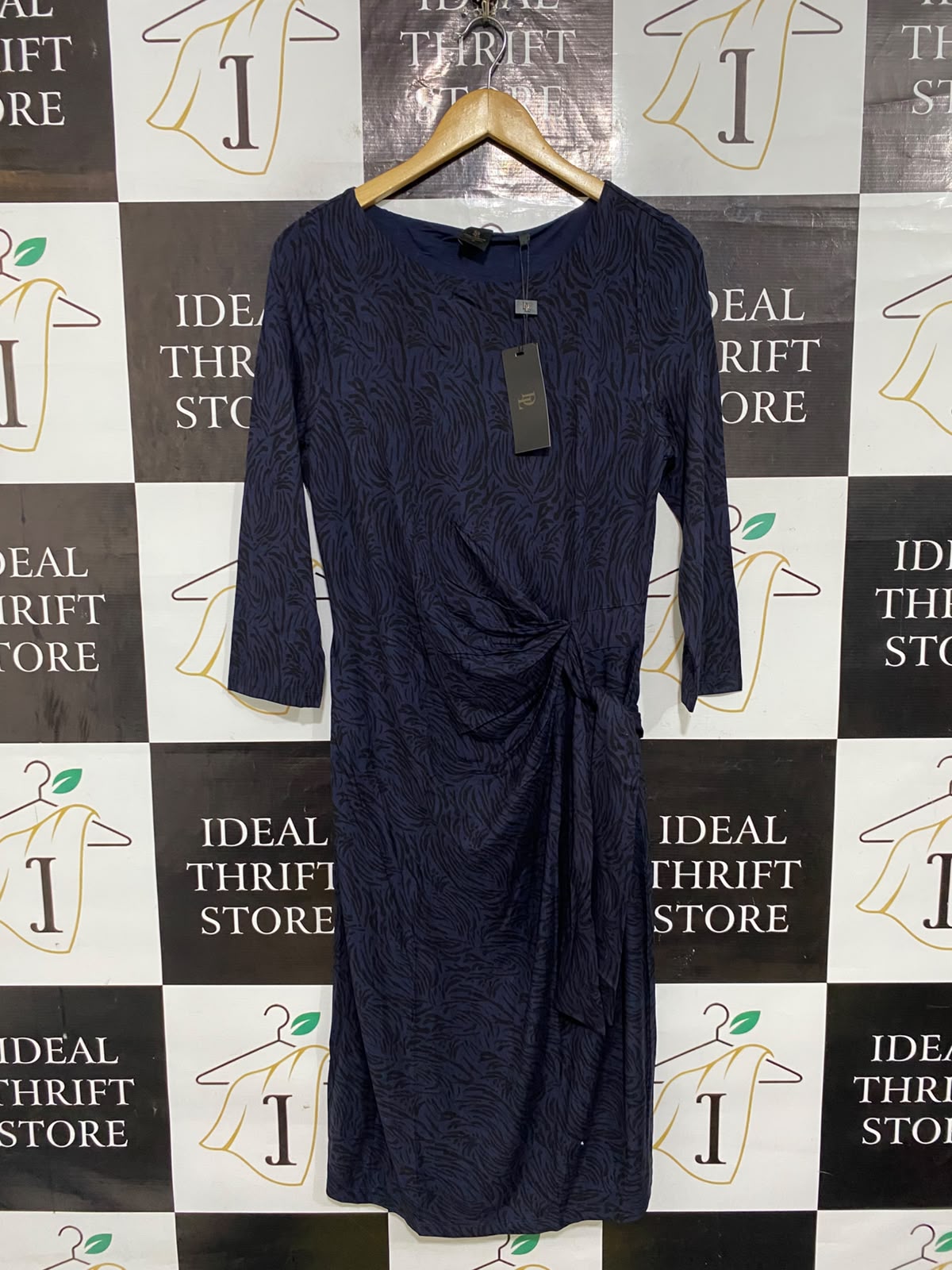 DAVID LAWRENCE |M| BUST 18| A57| NAVY BLUE ABSTRACT-PRINT KNOT-DETAIL TECHNICAL UTILITY MIDI DRESS
