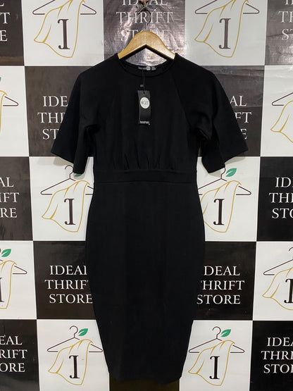 BOOHOO |M| BUST 16| A57| BLACK SHORT-SLEEVE GATHERED-WAIST TECHNICAL UTILITY MIDI DRESS
