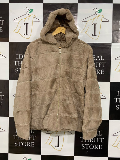 BELOVED |L| BUST 23| A57| TAUPE FAUX-FUR HOODED TECHNICAL UTILITY ZIP-UP JACKET