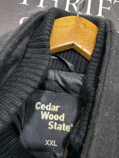 CEDAR WOOD STATE |XXL| BUST 26| A42| BLACK STAND-COLLAR TECHNICAL UTILITY WOOL COAT