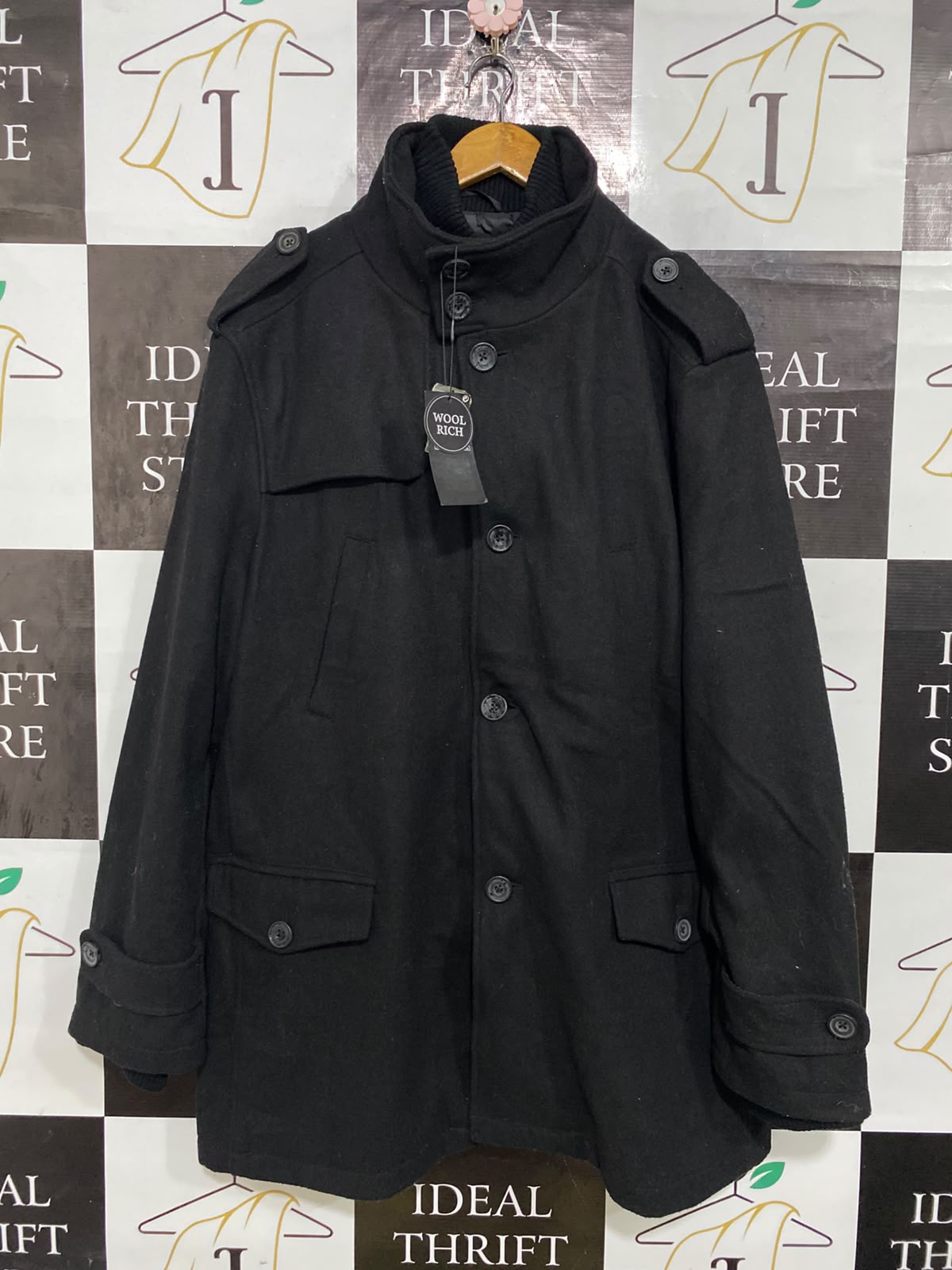 CEDAR WOOD STATE |XXL| BUST 26| A42| BLACK STAND-COLLAR TECHNICAL UTILITY WOOL COAT