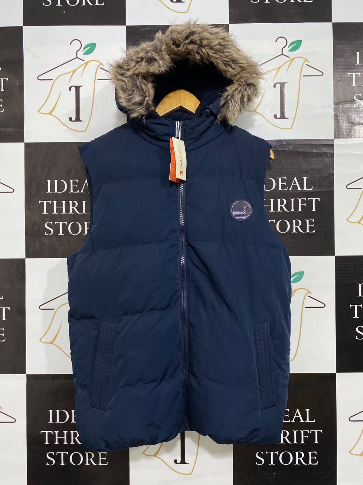 SOULCAL & CO |S| BUST 23| A42| NAVY BLUE FAUX-FUR HOODED TECHNICAL UTILITY PUFFER VEST