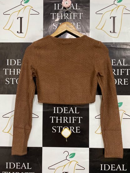 RUMOR |XS/S| BUST 15| A57| BROWN LONG-SLEEVE RIBBED TECHNICAL UTILITY CROP TOP