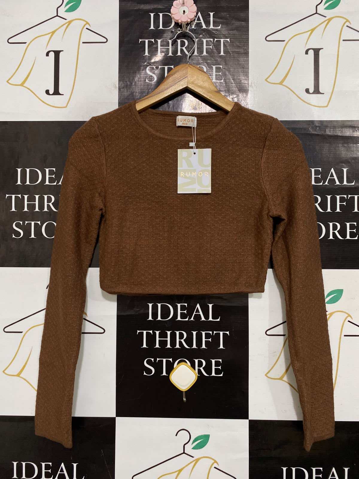 RUMOR |XS/S| BUST 15| A57| BROWN LONG-SLEEVE RIBBED TECHNICAL UTILITY CROP TOP