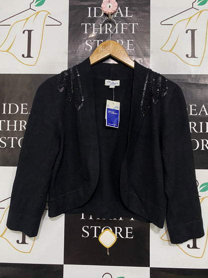 MILLERS |M| BUST 18| A57| BLACK BEADED SHOULDER OPEN-FRONT TECHNICAL UTILITY BOLERO JACKET