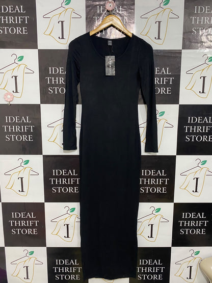 SHEIN |S| BUST 15| A57| BLACK SCOOP-NECK LONG-SLEEVE TECHNICAL UTILITY MIDI DRESS