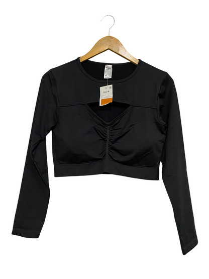 ANKO |S| BUST 16| A57| BLACK CUTOUT RUFFLED LONG-SLEEVE TECHNICAL UTILITY CROP TOP