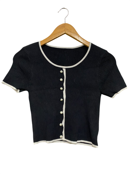 SHEIN |S| BUST 13| A57| BLACK AND WHITE PEARL-BUTTON CONTRAST-TRIM TECHNICAL UTILITY CROP CARDIGAN