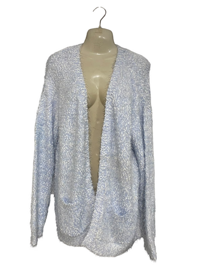 EMERSON |XL| BUST 23| A57| LIGHT BLUE AND WHITE FLUFFY-KNIT OPEN-FRONT TECHNICAL UTILITY CARDIGAN