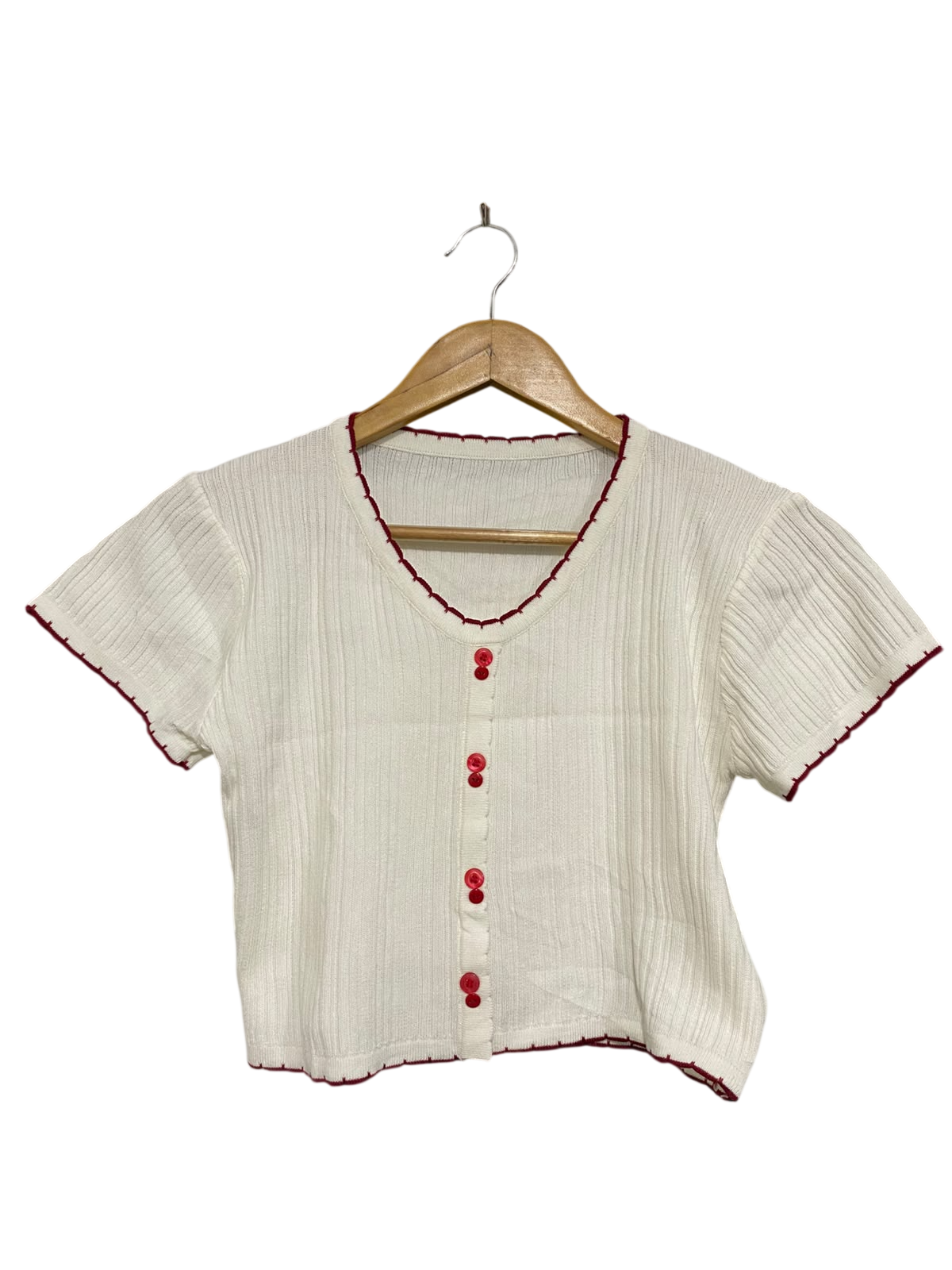 |XS| BUST 15| A57| OFF-WHITE AND RED CONTRAST-TRIM TECHNICAL UTILITY CROP CARDIGAN