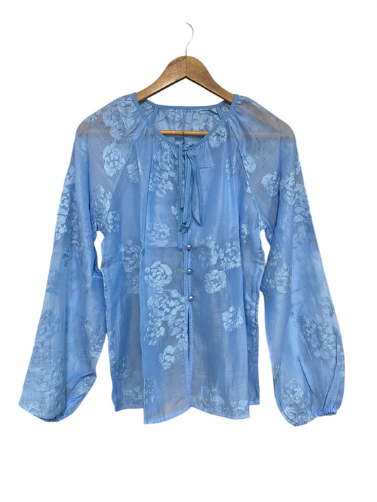 SHEIN |M| BUST 20| A57| LIGHT BLUE FLORAL-JACQUARD TIE-NECK TECHNICAL UTILITY BLOUSE