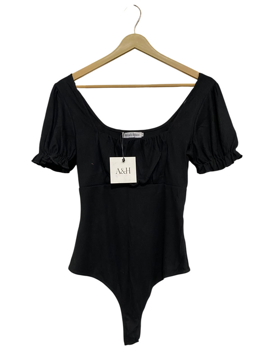 ATMOS & HERE| S| BUST 16| A57| BLACK SQUARE-NECK PUFF-SLEEVE TECHNICAL UTILITY BODYSUIT