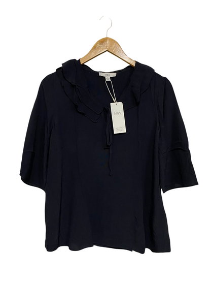 M&S |S| BUST 18| A58| NAVY BLUE RUFFLE-COLLAR TIE-FRONT TECHNICAL UTILITY BLOUSE