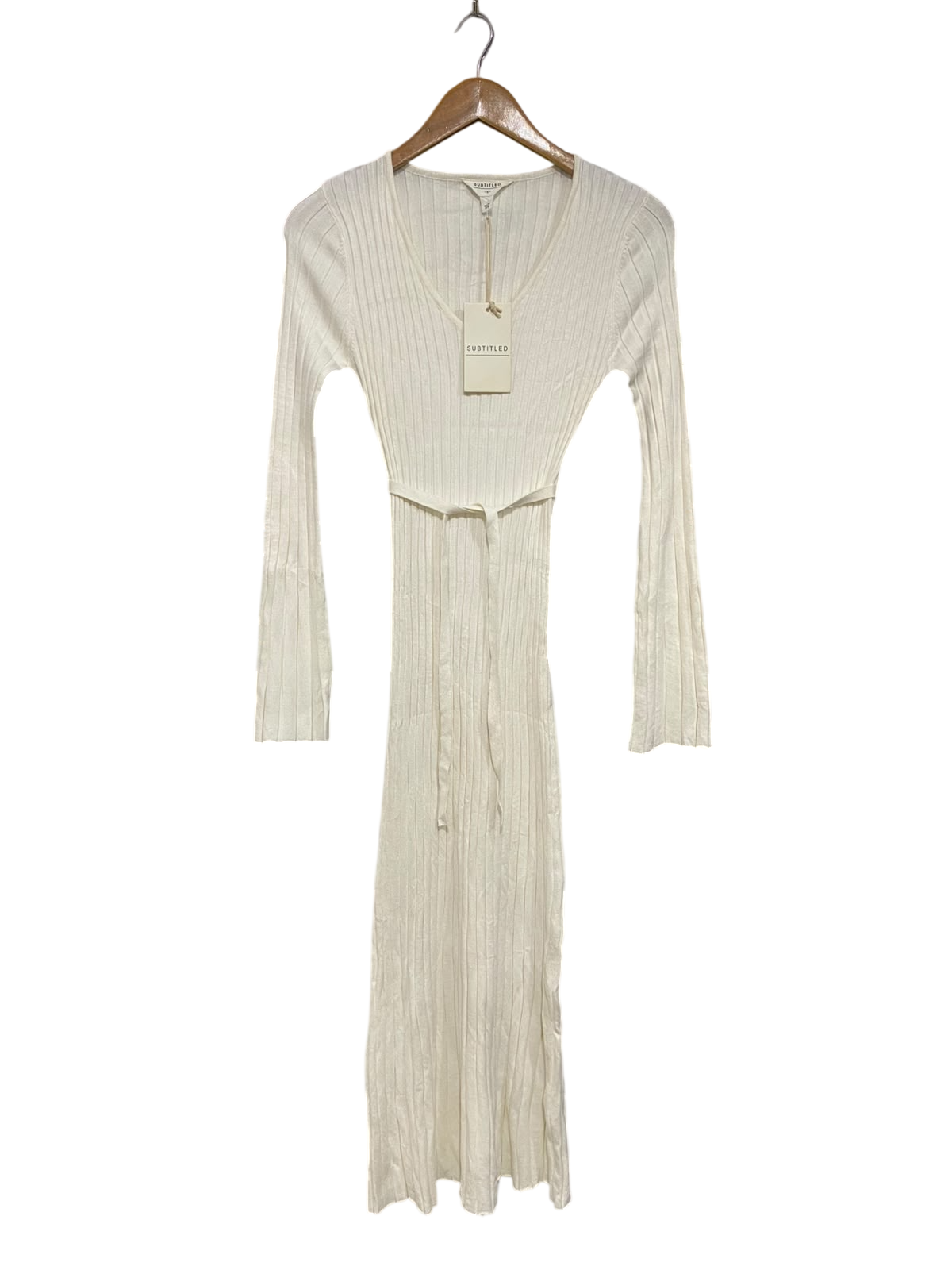 SUBTITLED |S| BUST 12| A58| OFF-WHITE RIBBED-KNIT V-NECK BELTED TECHNICAL UTILITY MIDI DRESS