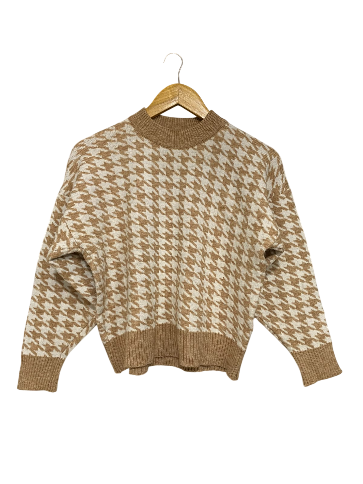 |M| BUST 22| A58| CAMEL & WHITE HOUNDSTOOTH MOCK-NECK TECHNICAL UTILITY SWEATER