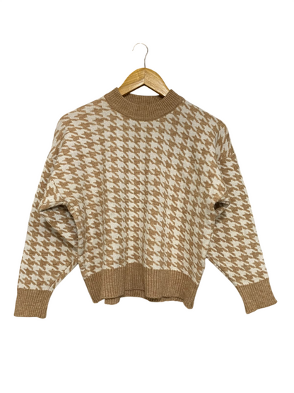 |M| BUST 22| A58| CAMEL & WHITE HOUNDSTOOTH MOCK-NECK TECHNICAL UTILITY SWEATER