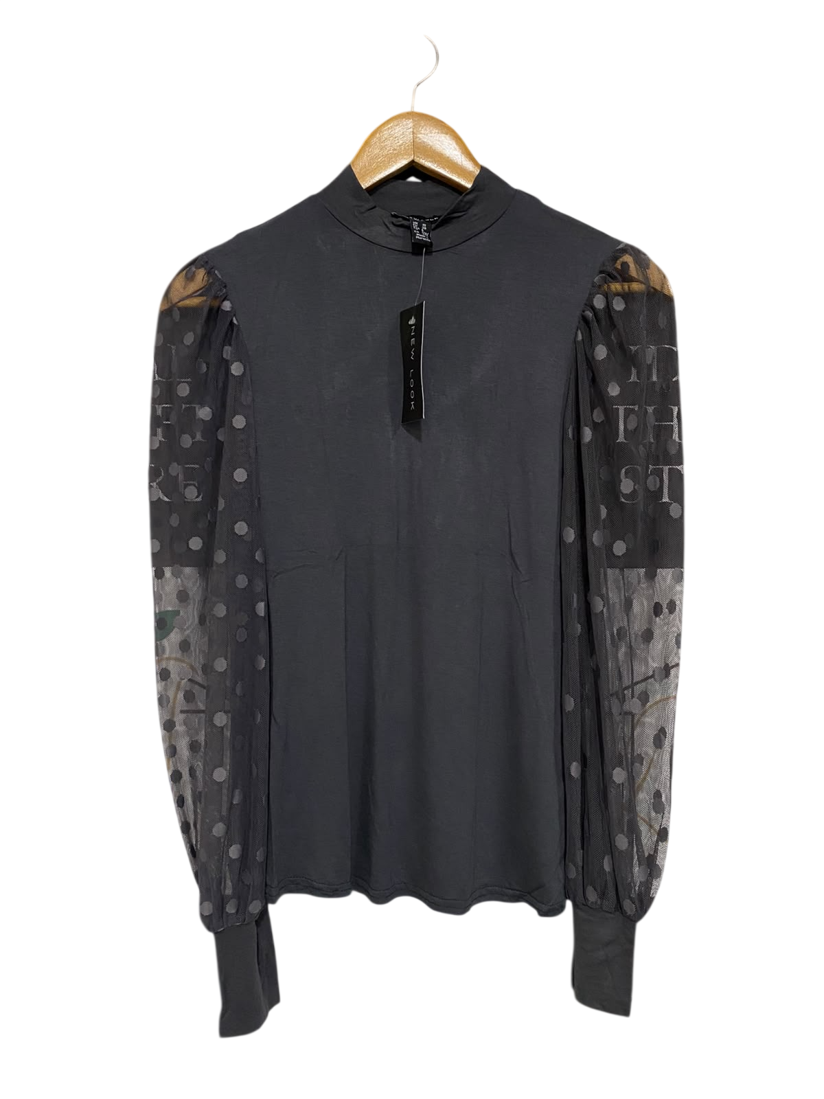 NEW LOOK |M| BUST 14| A58| CHARCOAL GREY MOCK-NECK SHEER DOT-SLEEVE TECHNICAL UTILITY TOP