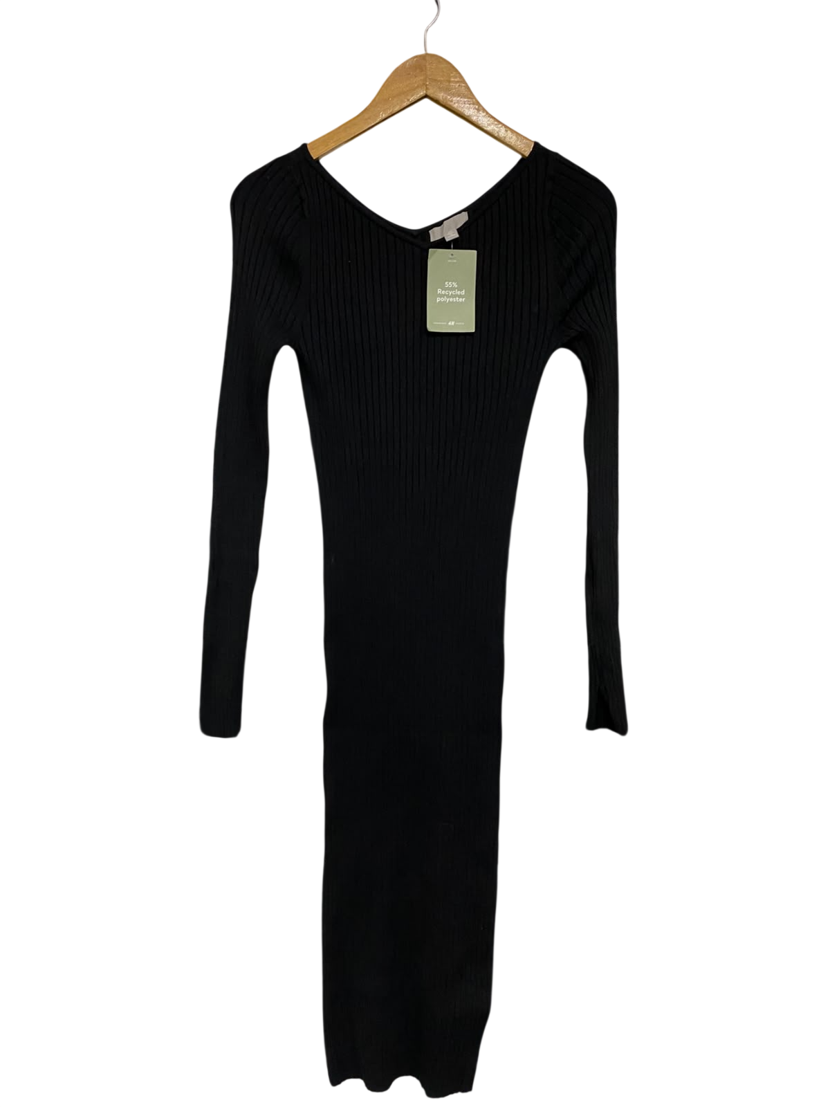 H&M |S| BUST 14| A58| BLACK RIBBED-KNIT V-NECK LONG-SLEEVE TECHNICAL UTILITY MIDI DRESS