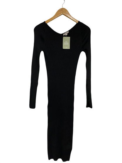 H&M |S| BUST 14| A58| BLACK RIBBED-KNIT V-NECK LONG-SLEEVE TECHNICAL UTILITY MIDI DRESS