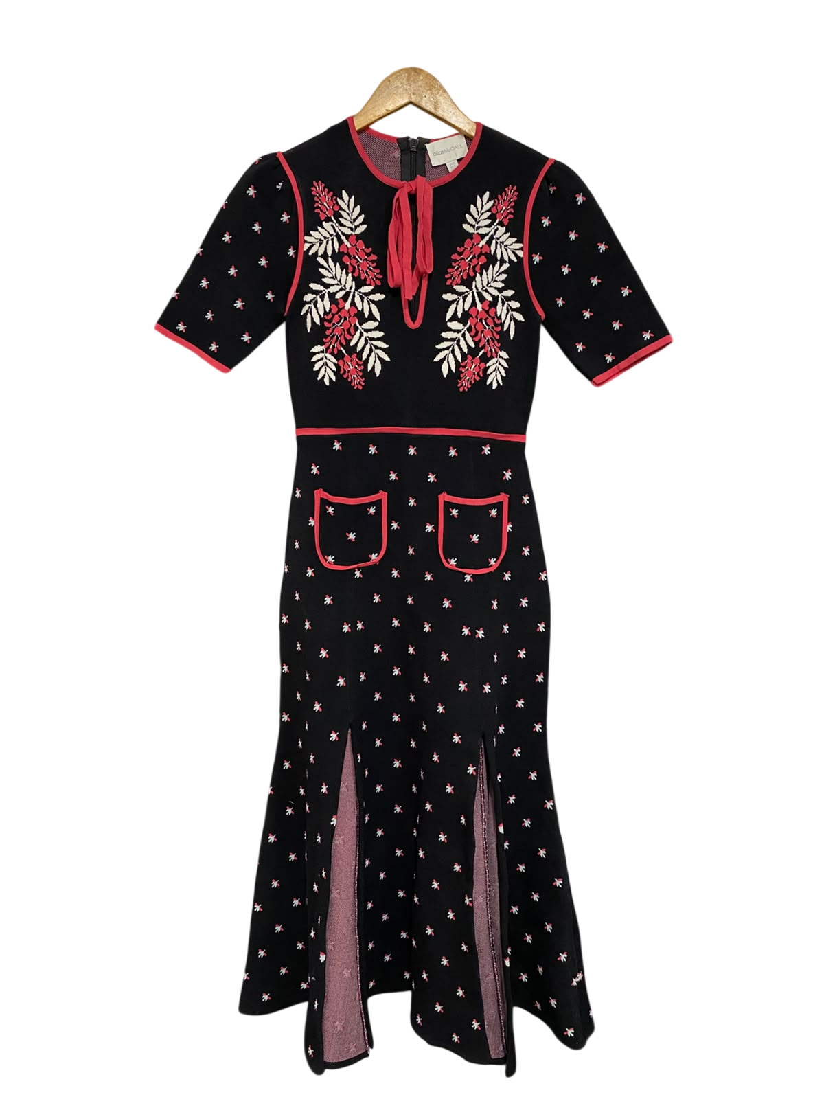 ALICE MCCALL |S| BUST 14| A58| BLACK FLORAL-EMBROIDERED KNIT TECHNICAL UTILITY MIDI DRESS