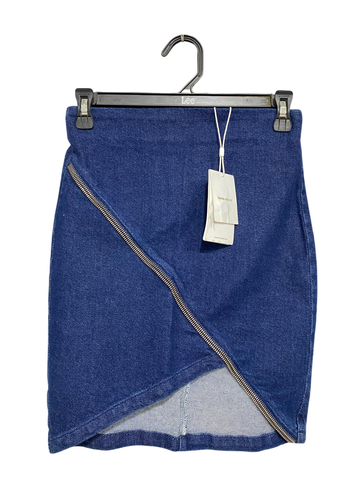 MISS SIXTY |XS| WAIST 26| A58| BLUE ASYMMETRIC ZIP-DETAIL TECHNICAL UTILITY DENIM SKIRT