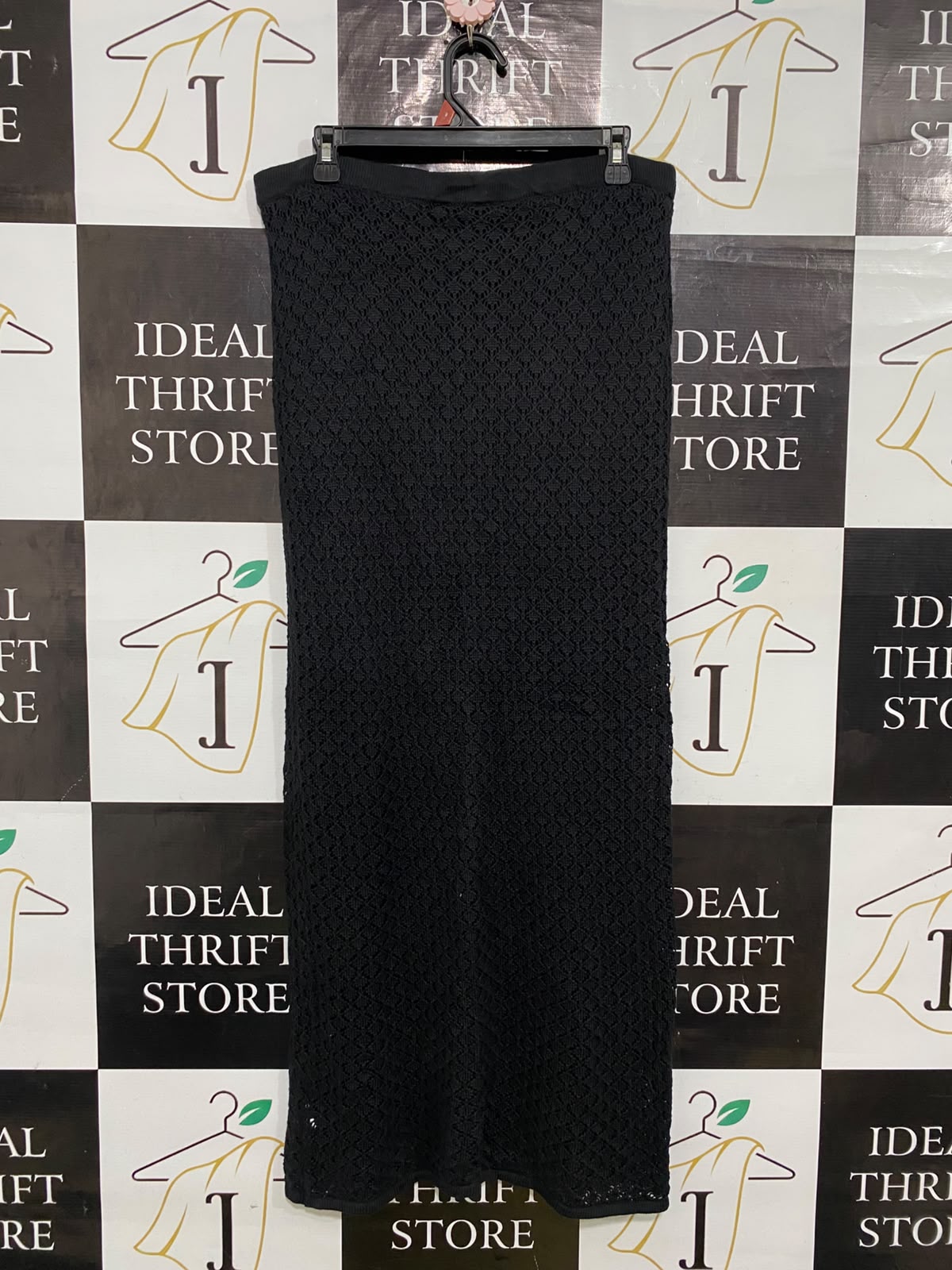 LILY LOVES |L| WAIST 32| A58| BLACK CROCHET-KNIT DRAWSTRING TECHNICAL UTILITY MIDI SKIRT