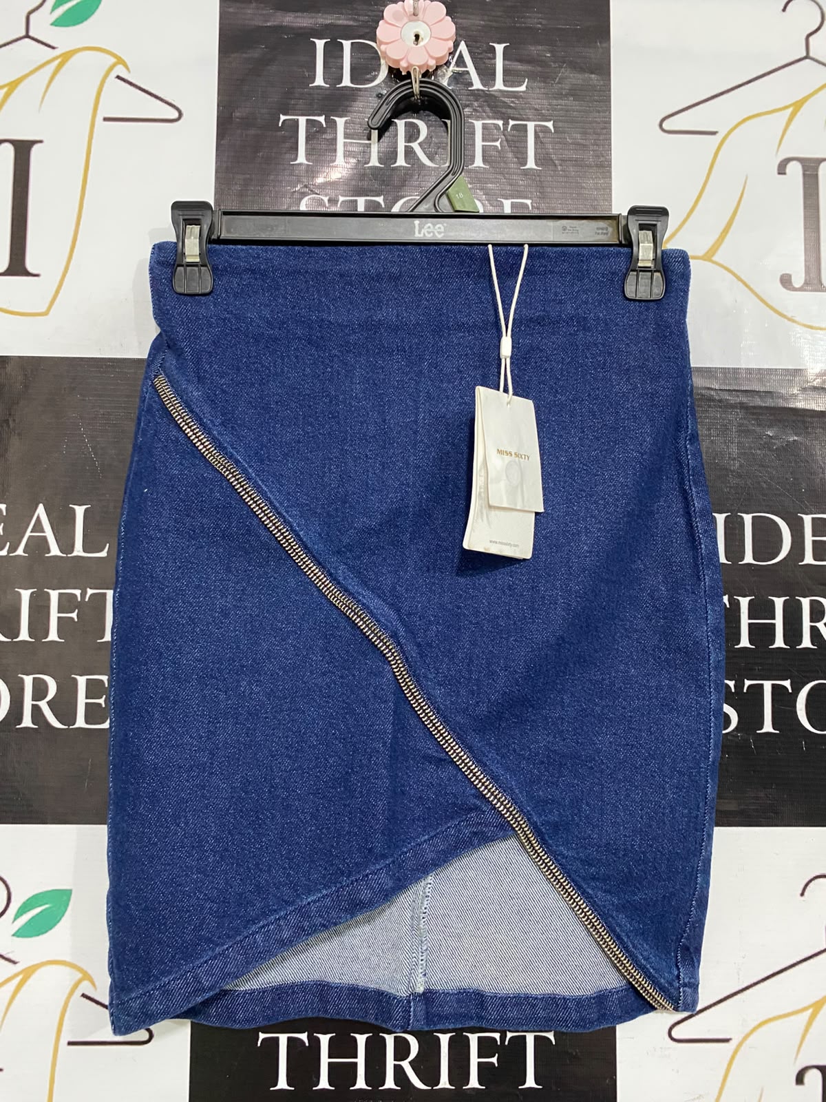 MISS SIXTY |XS| WAIST 26| A58| BLUE ASYMMETRIC ZIP-DETAIL TECHNICAL UTILITY DENIM SKIRT