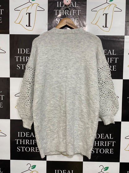VINE APPAREL |M/L| BUST 22| A58| GREY OPEN-FRONT CROCHET-SLEEVE TECHNICAL UTILITY CARDIGAN