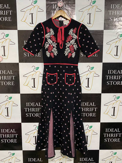 ALICE MCCALL |S| BUST 14| A58| BLACK FLORAL-EMBROIDERED KNIT TECHNICAL UTILITY MIDI DRESS