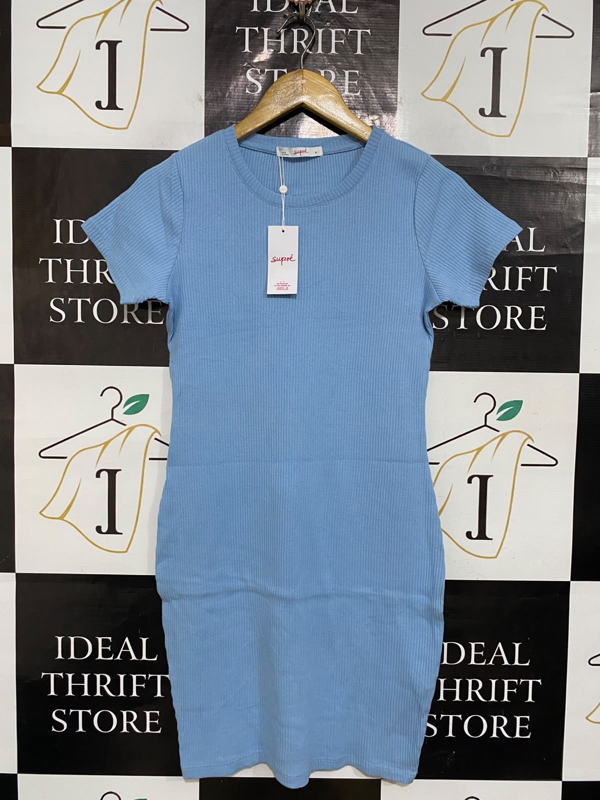 SUPRE |M| BUST 16| A58| LIGHT BLUE SHORT-SLEEVE RIBBED-KNIT TECHNICAL UTILITY MINI DRESS