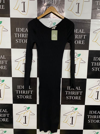 H&M |S| BUST 14| A58| BLACK RIBBED-KNIT V-NECK LONG-SLEEVE TECHNICAL UTILITY MIDI DRESS
