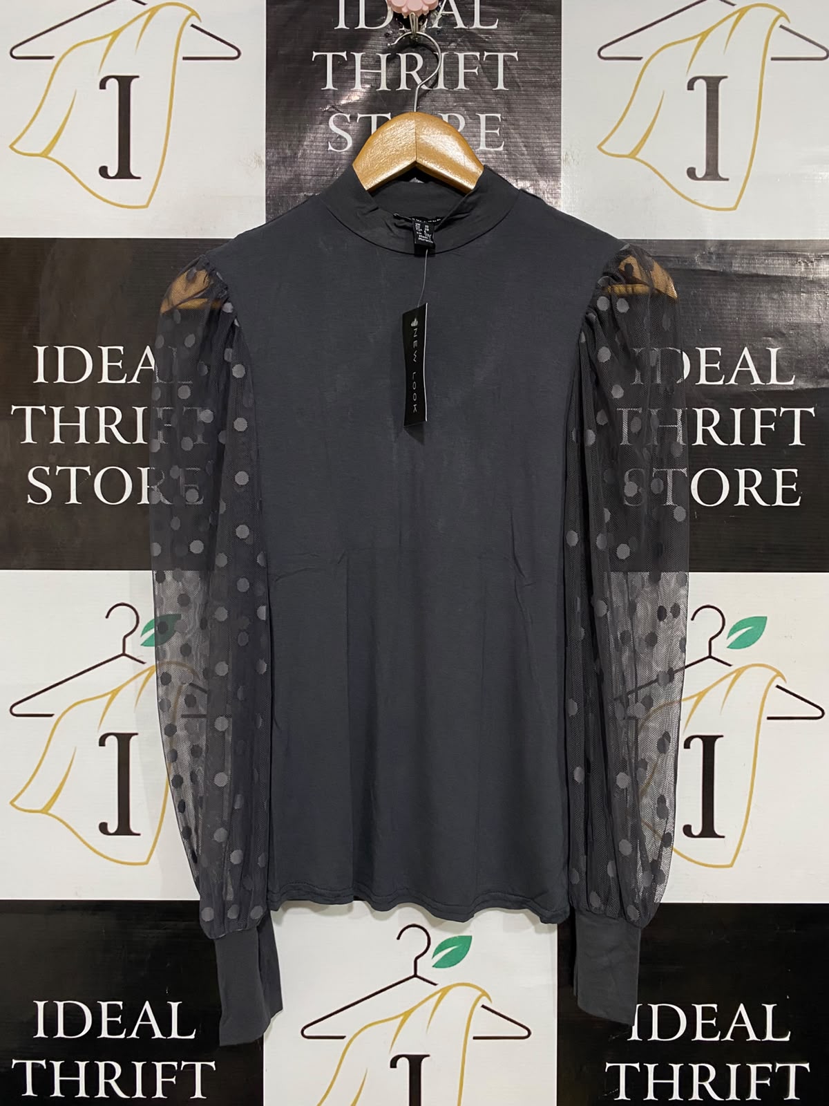 NEW LOOK |M| BUST 14| A58| CHARCOAL GREY MOCK-NECK SHEER DOT-SLEEVE TECHNICAL UTILITY TOP
