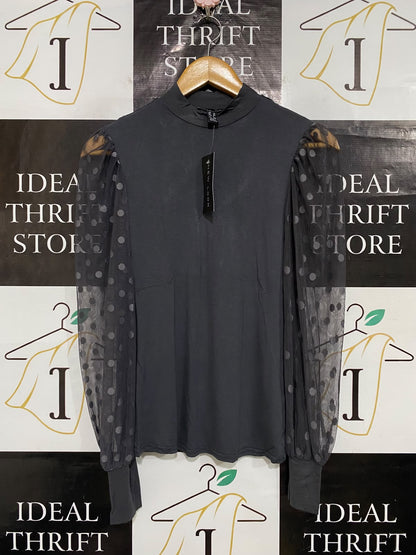 NEW LOOK |M| BUST 14| A58| CHARCOAL GREY MOCK-NECK SHEER DOT-SLEEVE TECHNICAL UTILITY TOP
