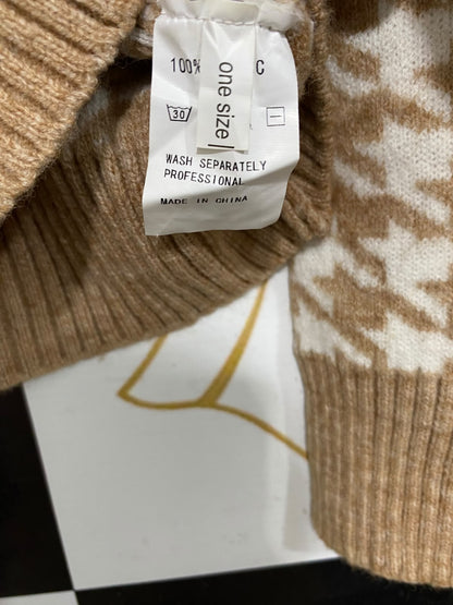 |M| BUST 22| A58| CAMEL & WHITE HOUNDSTOOTH MOCK-NECK TECHNICAL UTILITY SWEATER