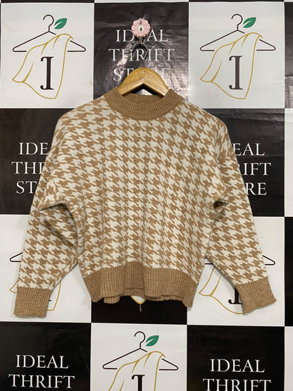 |M| BUST 22| A58| CAMEL & WHITE HOUNDSTOOTH MOCK-NECK TECHNICAL UTILITY SWEATER