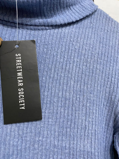 STREETWEAR SOCIETY |S| BUST 15| A58| BLUE RIBBED TURTLENECK TECHNICAL UTILITY TOP