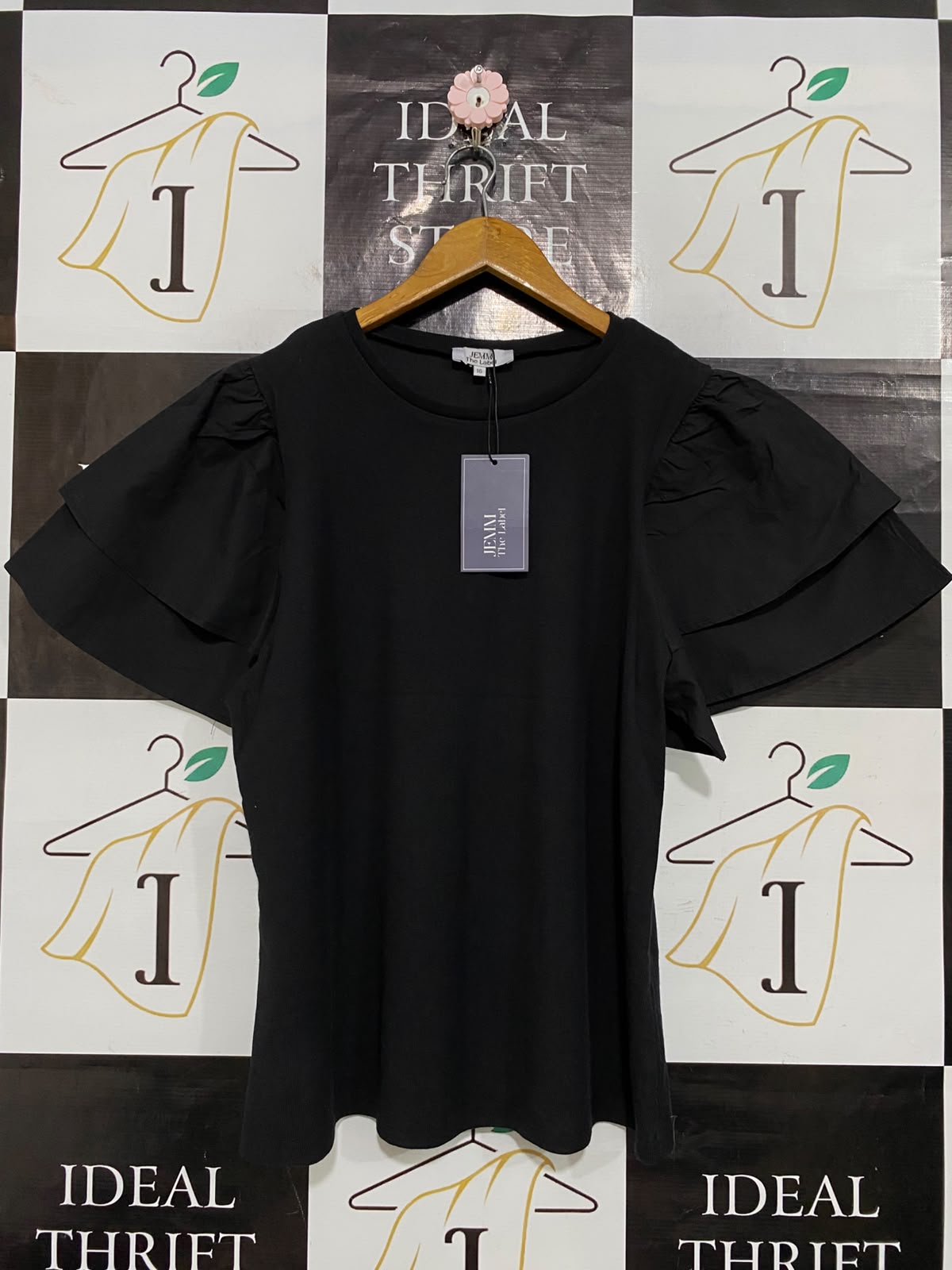 JEMM THE LABEL |M| BUST 20| A58| BLACK LAYERED RUFFLE-SLEEVE TECHNICAL UTILITY TOP