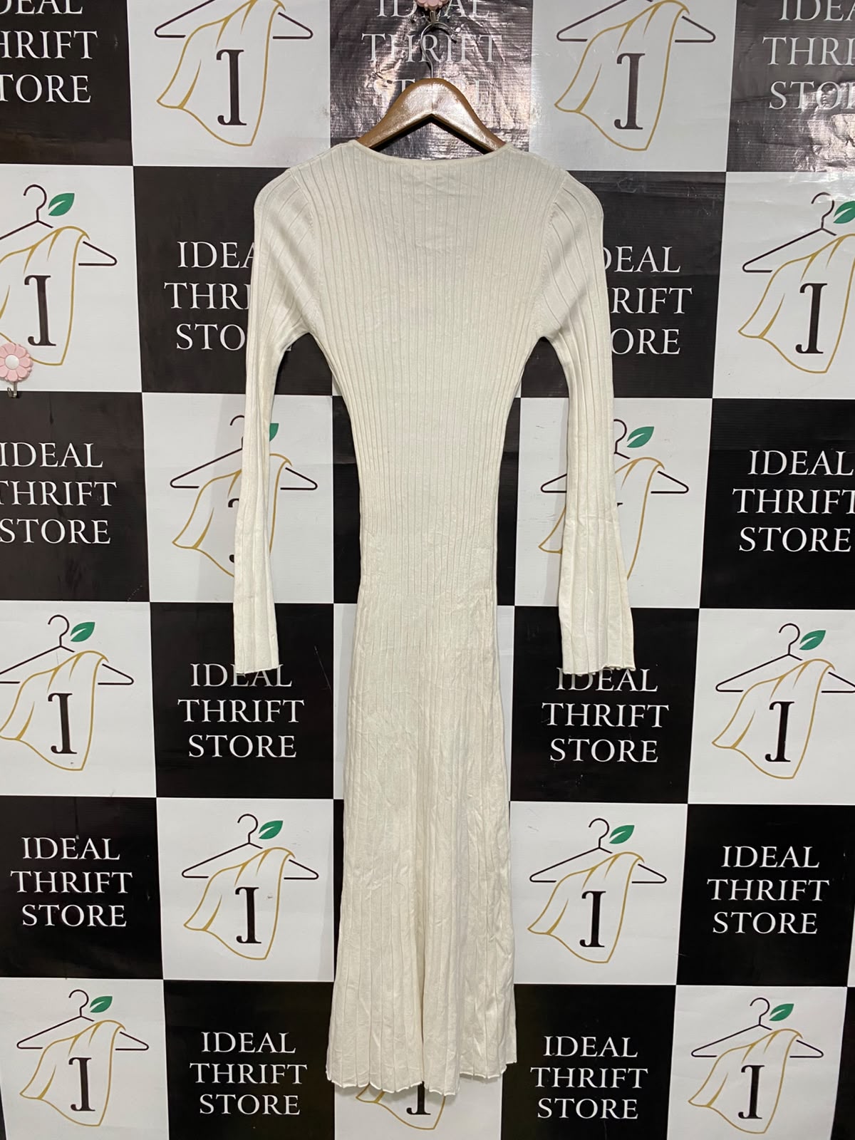 SUBTITLED |S| BUST 12| A58| OFF-WHITE RIBBED-KNIT V-NECK BELTED TECHNICAL UTILITY MIDI DRESS