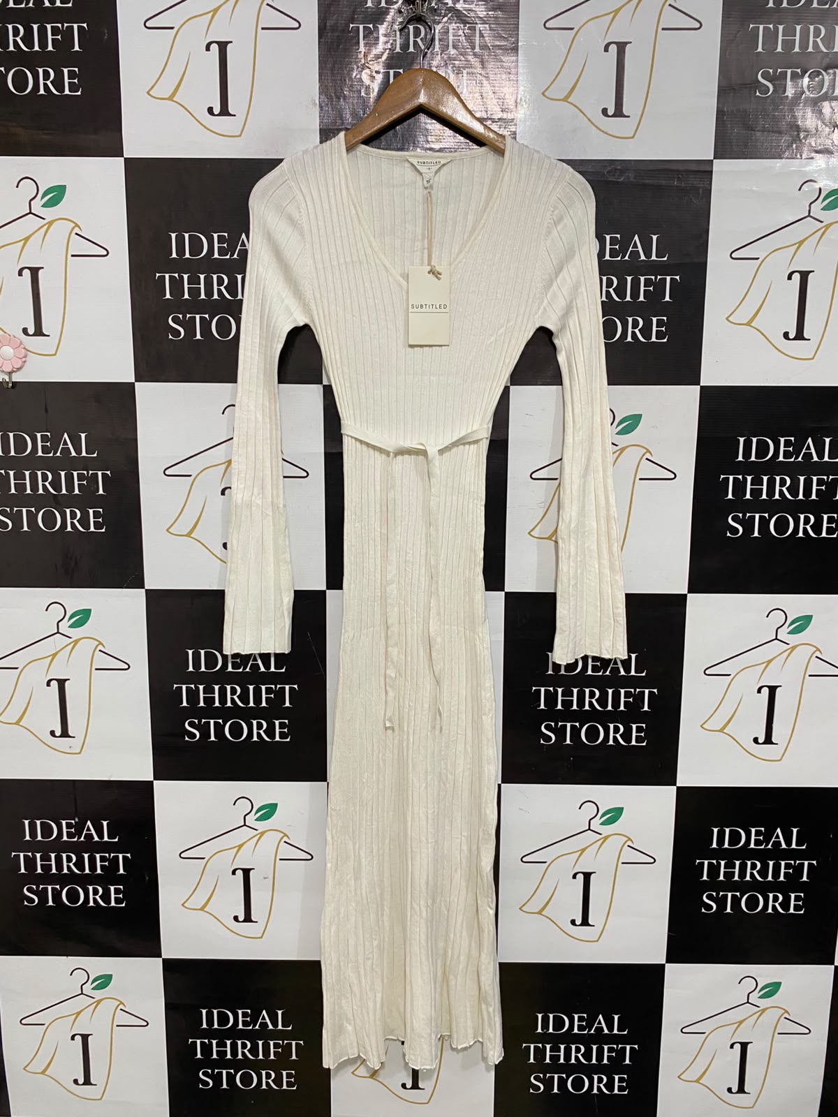 SUBTITLED |S| BUST 12| A58| OFF-WHITE RIBBED-KNIT V-NECK BELTED TECHNICAL UTILITY MIDI DRESS