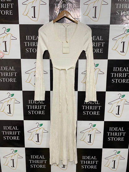 SUBTITLED |S| BUST 12| A58| OFF-WHITE RIBBED-KNIT V-NECK BELTED TECHNICAL UTILITY MIDI DRESS