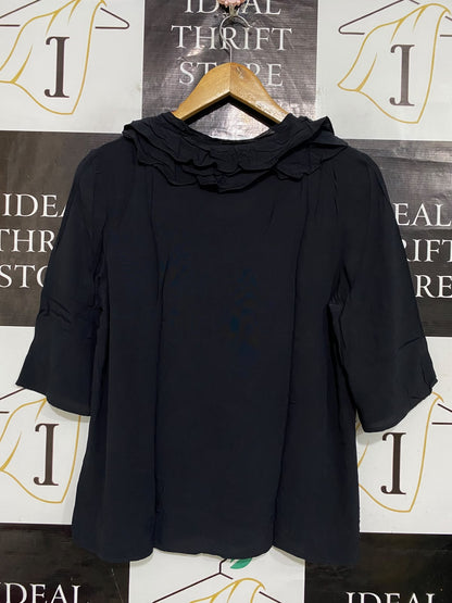 M&S |S| BUST 18| A58| NAVY BLUE RUFFLE-COLLAR TIE-FRONT TECHNICAL UTILITY BLOUSE