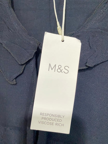 M&S |S| BUST 18| A58| NAVY BLUE RUFFLE-COLLAR TIE-FRONT TECHNICAL UTILITY BLOUSE