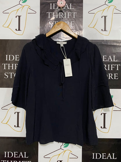M&S |S| BUST 18| A58| NAVY BLUE RUFFLE-COLLAR TIE-FRONT TECHNICAL UTILITY BLOUSE