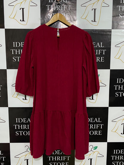 PRIMARK |L| BUST 20| A58| MAGENTA CREWNECK PUFF-SLEEVE TECHNICAL UTILITY MINI DRESS