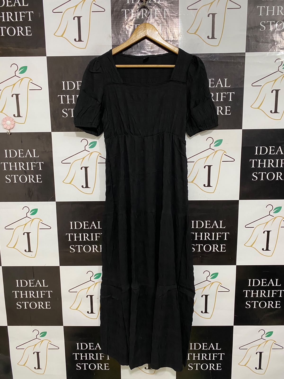 SHEIN |M| BUST 16| A58| BLACK SQUARE-NECK SHORT-SLEEVE TECHNICAL UTILITY MAXI DRESS